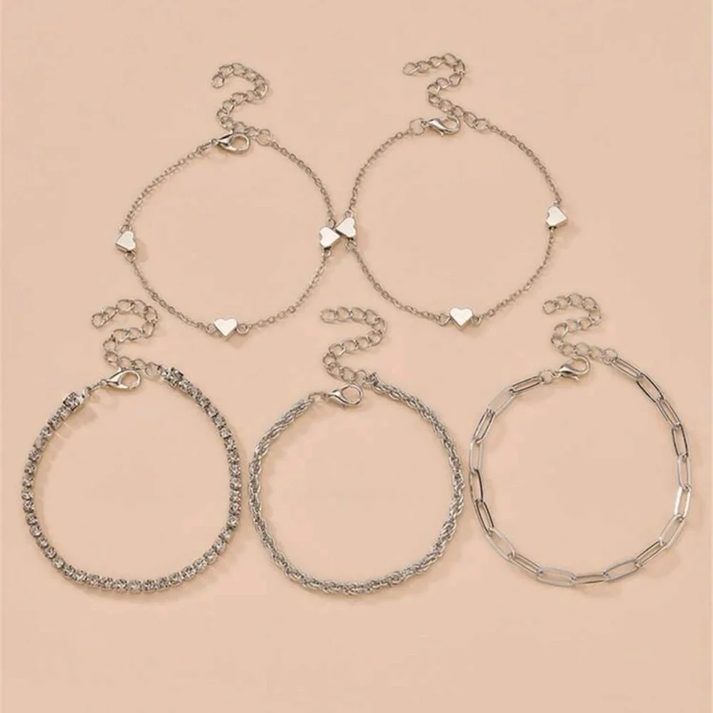 5pcs Rhinestone & Heart Decor Bracelet For Women Fashion Jewelry Gift We…